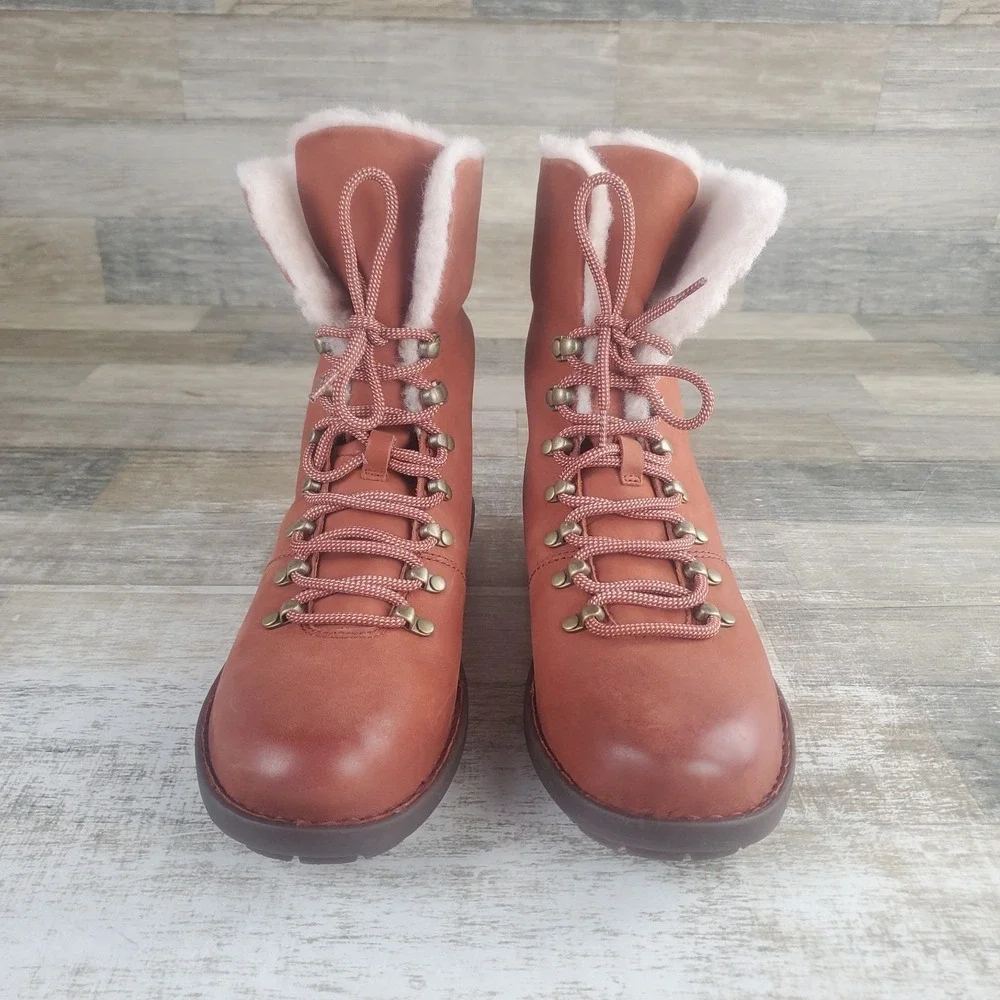 Born Blaine Shearling Booties Womens 10.5 Brown Leather Lace-Up Ankle Boots